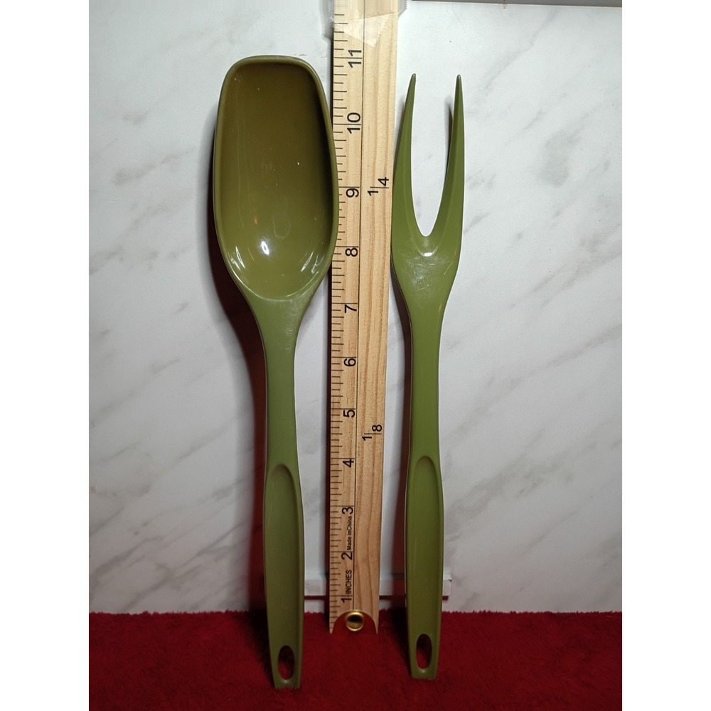 Vintage Foley Avocado Green Nylon Salad Serving Set Spoon and Fork 11 Inch MCM